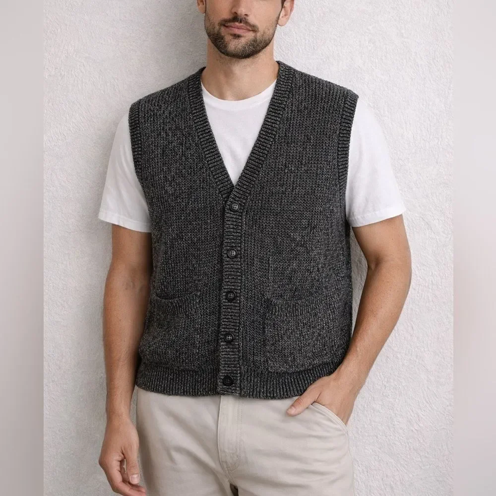 Vintage Summa Silk Charcoal Knit Button Front Sweater Vest Size L